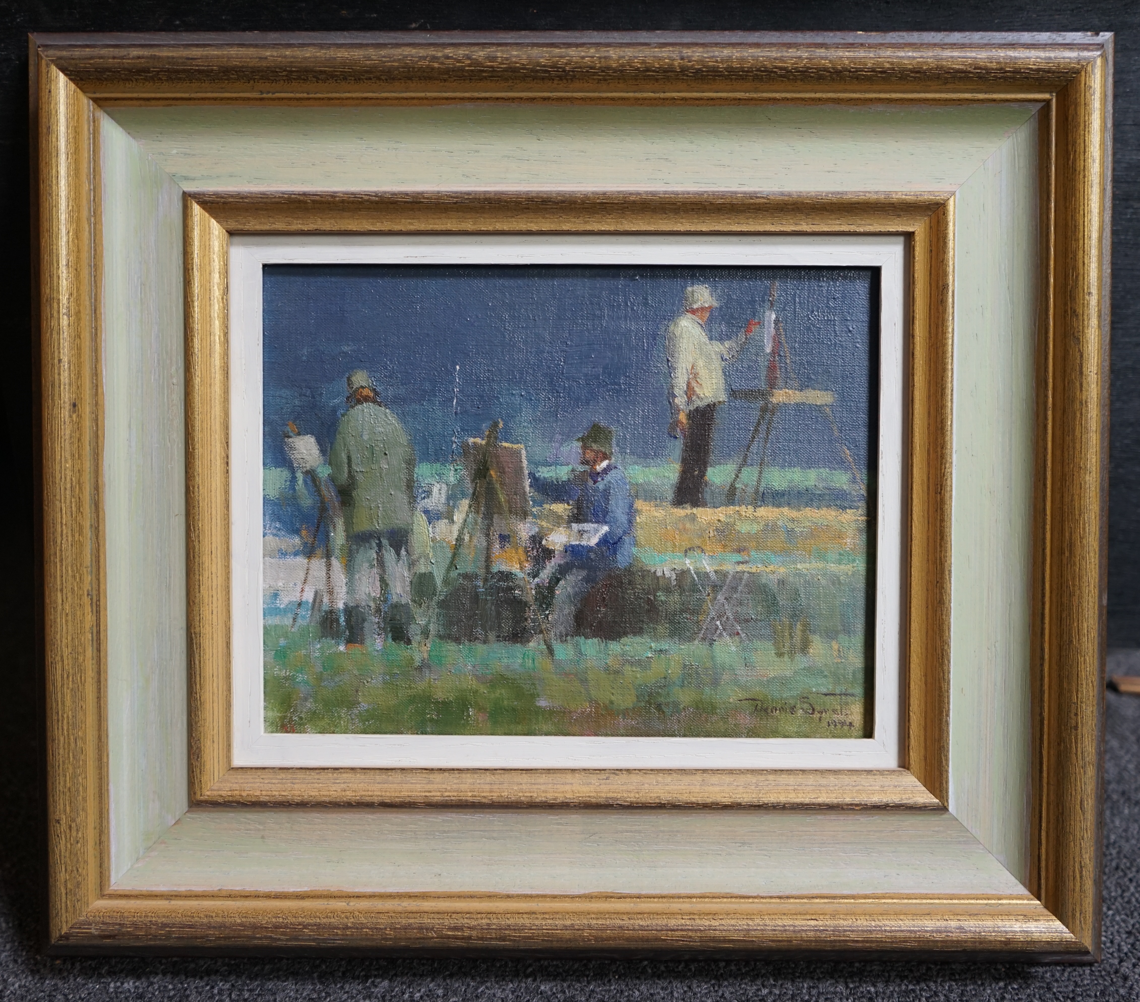 Dennis Syrett (Wapping Group, b.1934), oil on canvas, ‘Painters at Heybridge’, signed and dated 1994, 16.5 x 21.5cm. Condition - good